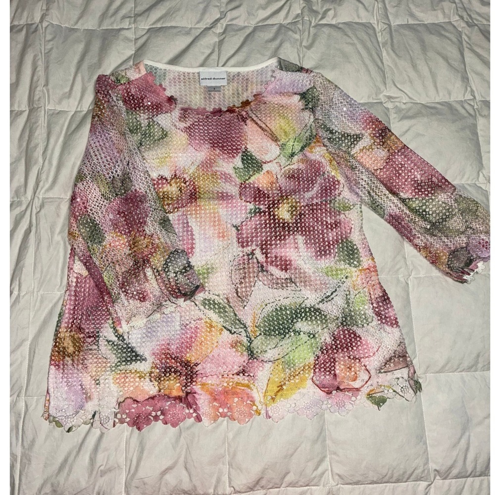 Alfred Dunner Floral Mesh Lace Sequin Top Pink Green Scalloped Hem Womens Small